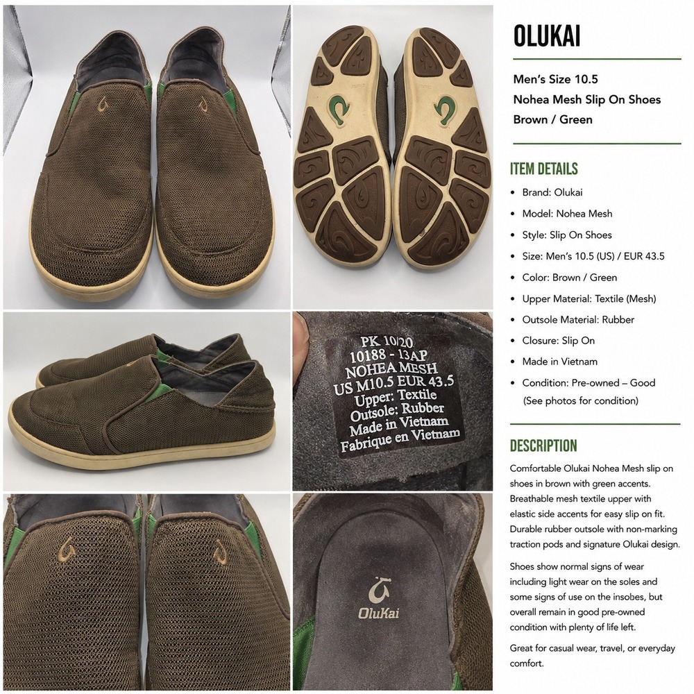 OluKai Nohea Mesh Mens 10.5 Slip On Shoes Brown Green 10188-13AP Casual Loafers